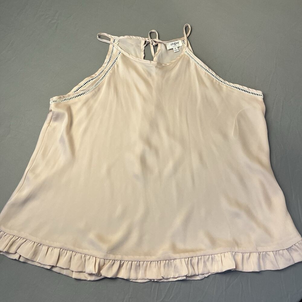 UMGEE Satin Medium Lace Trim Back Tie Ruffle Tan/Cream Top - Picture 3 of 9